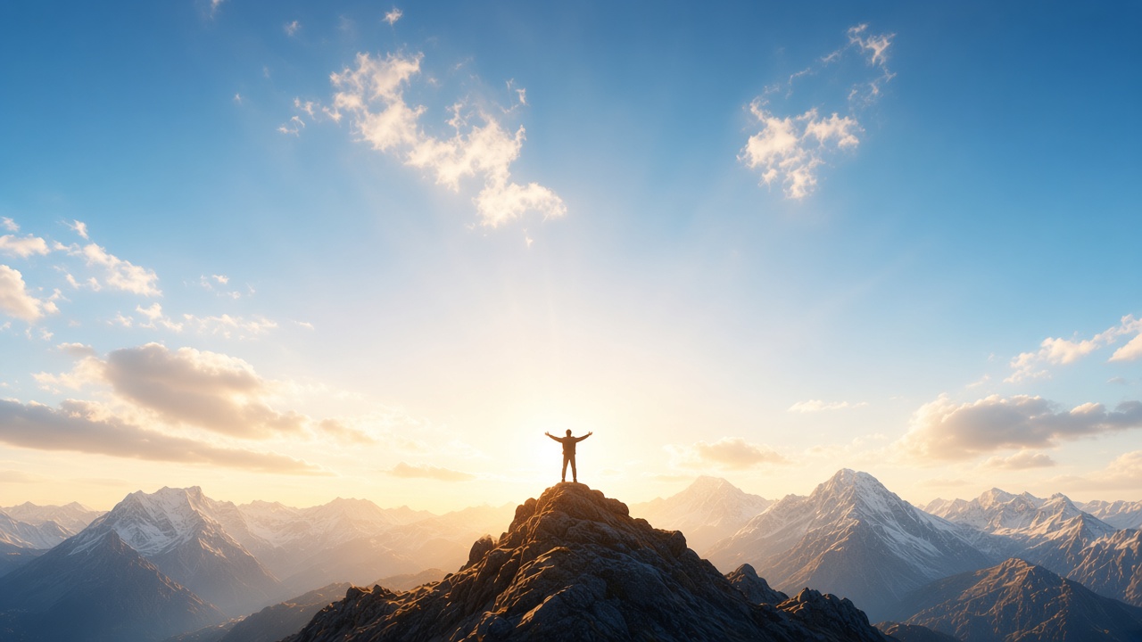Person standing on a mountain summit at sunrise