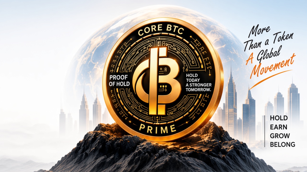 Core BTC Prime coin on a mountain peak, with the globe, city skyline, and the words More Than a Token, A Global Movement